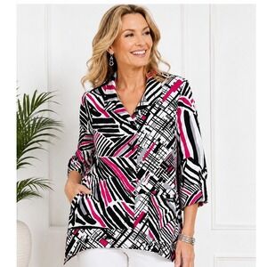 Ali Miles Abstract Zebra Print Jacket Top Pink Black White Size S